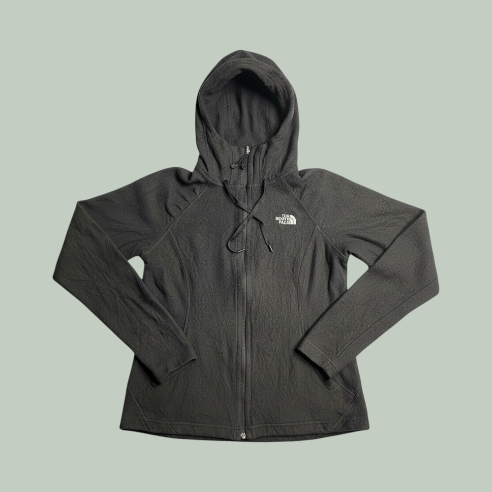 The North Face Hoodie Womens Small Full Zip Fleece Black Logo Jacket Cozy